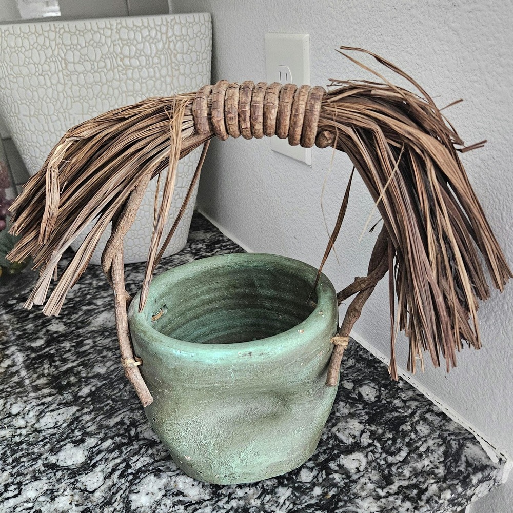 Pinched‎ pottery hunter green rustic pot planter with natural branches handle